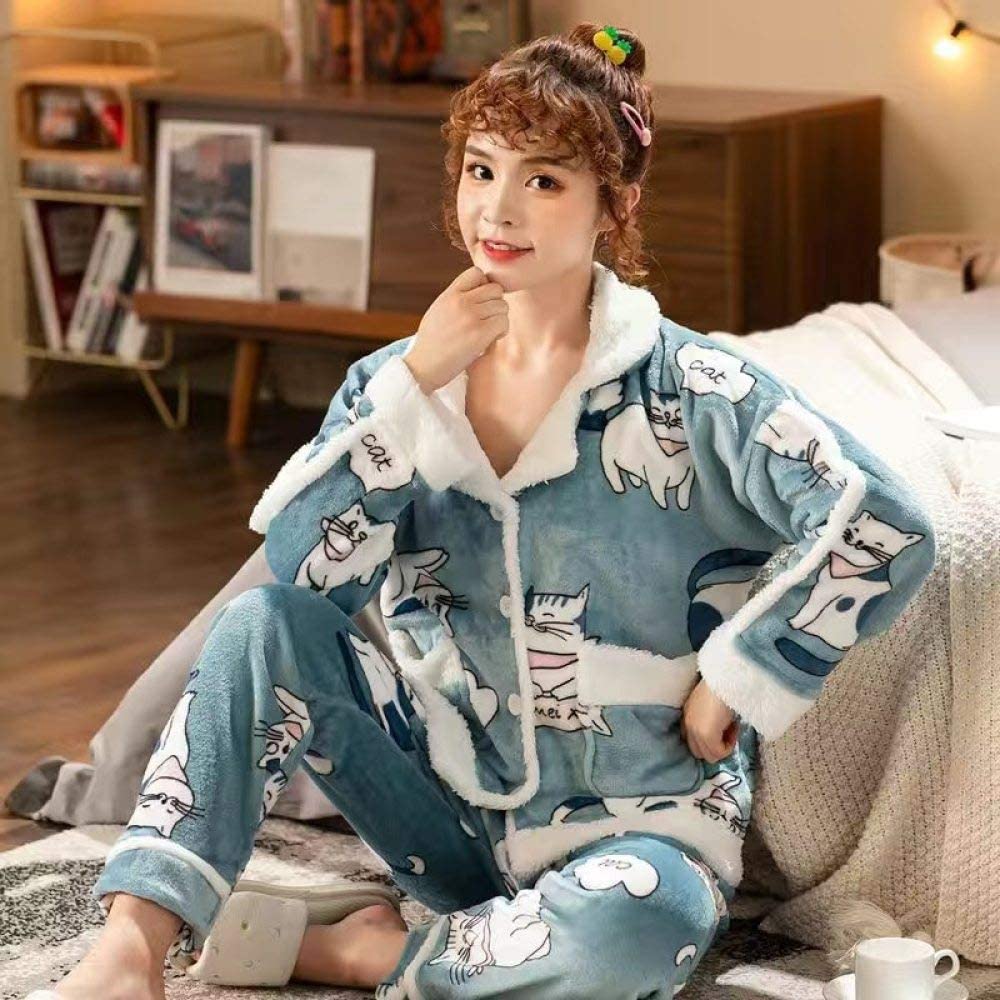 Amazon.co.jp: WEILEAパジャマセット女性用、冬かわいい猫ブルー